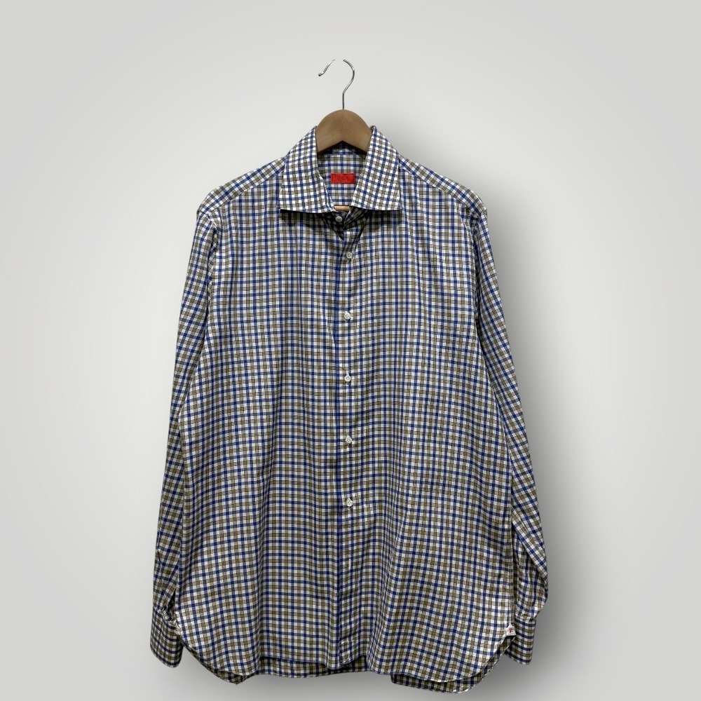 Isaia Napoli Mens Blue Tan Check Cotton Dress Shirt Made in Italy Size 16.5 42